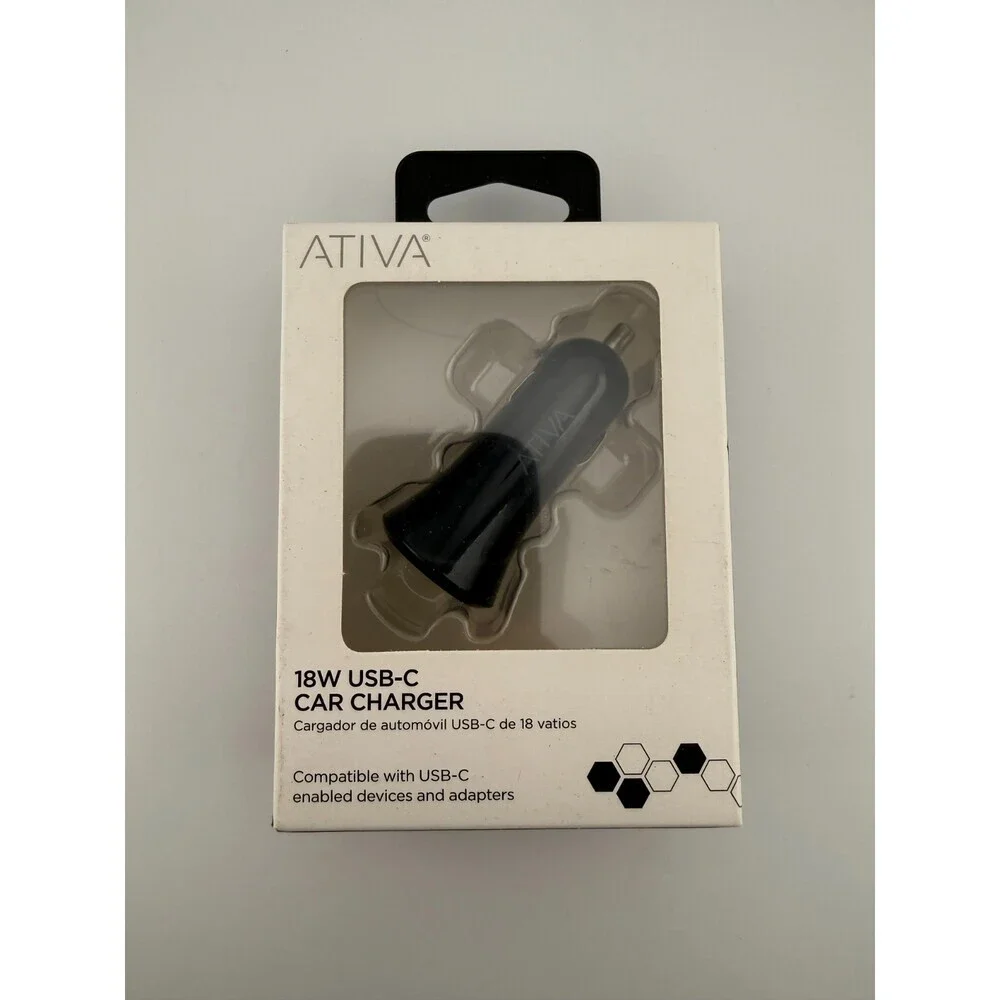 NEW Ativa Black Plastic LED Light Indicator 18W USB-C Car Charger